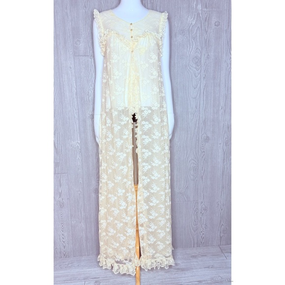 Vintage Bergdorf Goodman Asha sleeveless floral lace ruffle long robe nightgown - Picture 11 of 12